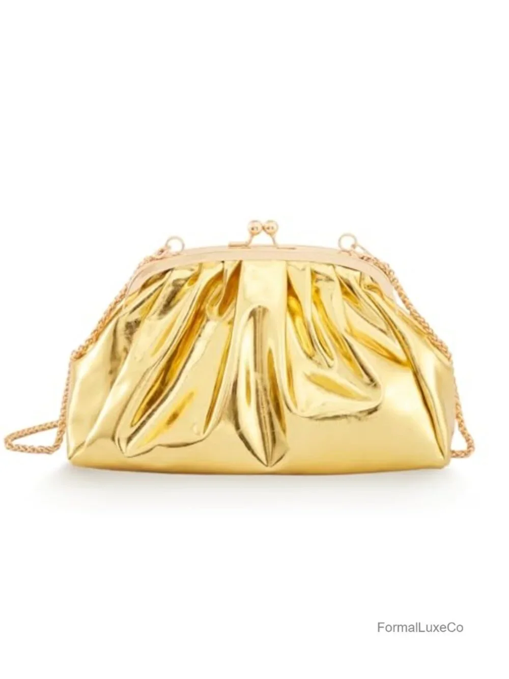 Metallic Vegan Leather Pleated Clutch Purse with Chain Strap, Evening Bag